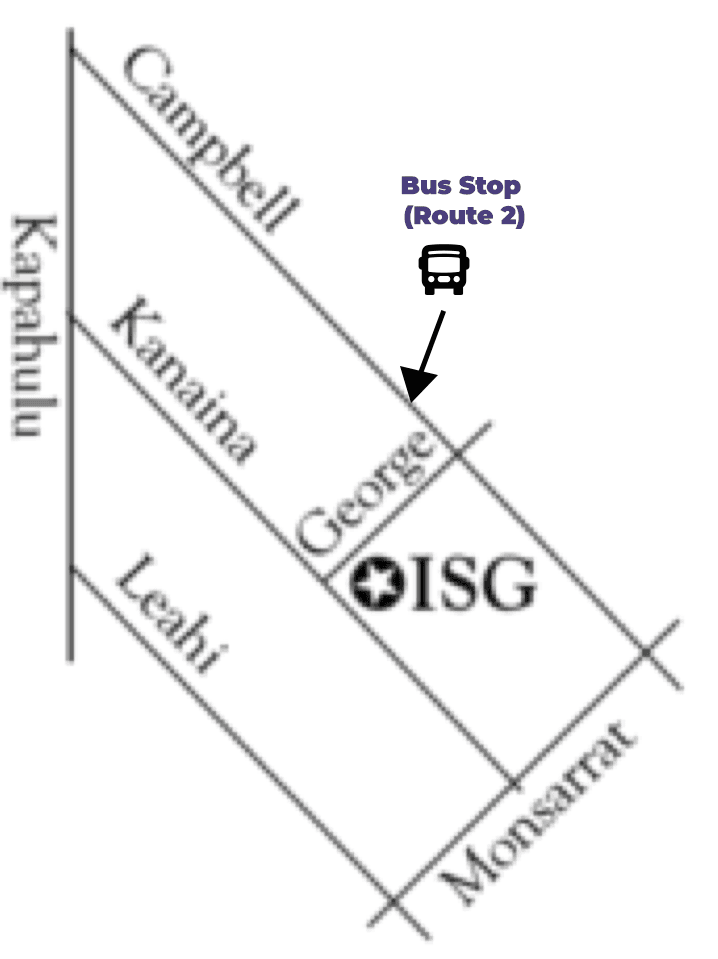 A simple map showing street intersections. Features Kanaina Avenue, George Street, Kapahulu, Leahi, and Monsarrat streets. A bus stop (Route 2) is marked with a bus icon at the Kanaina/George intersection. ISG location marked with a star symbol.RetryClaude can make mistakes. Please double-check responses.
