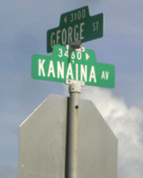 Street signs at an intersection showing "George St" (3100 block) and "Kanaina Av" (3400 block) against a blue sky.RetryClaude can make mistakes. Please double-check responses.